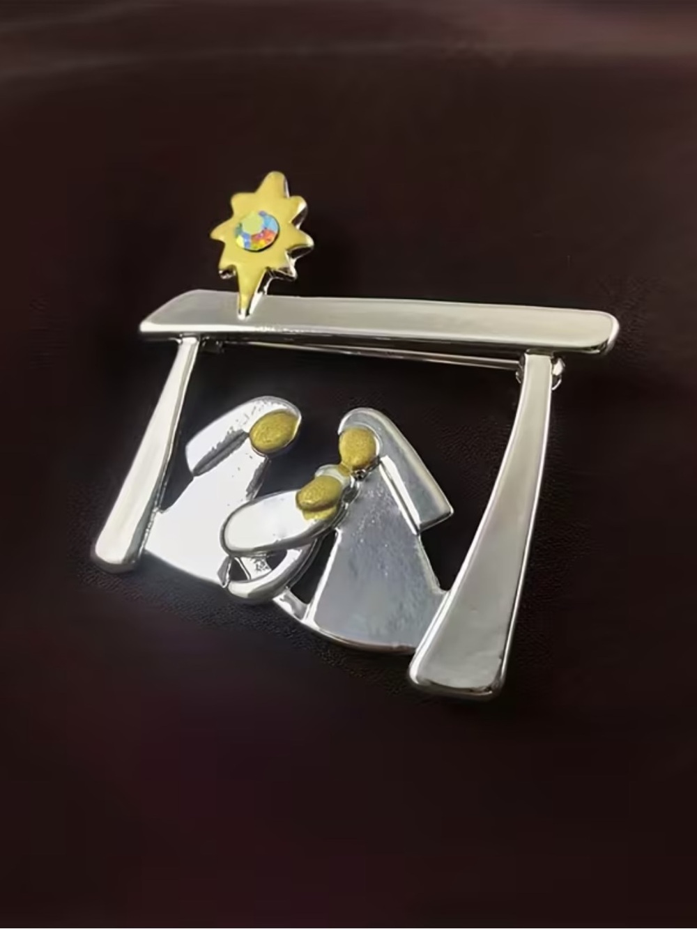 Silver-tone Nativity Brooch with Gold Accents and Star